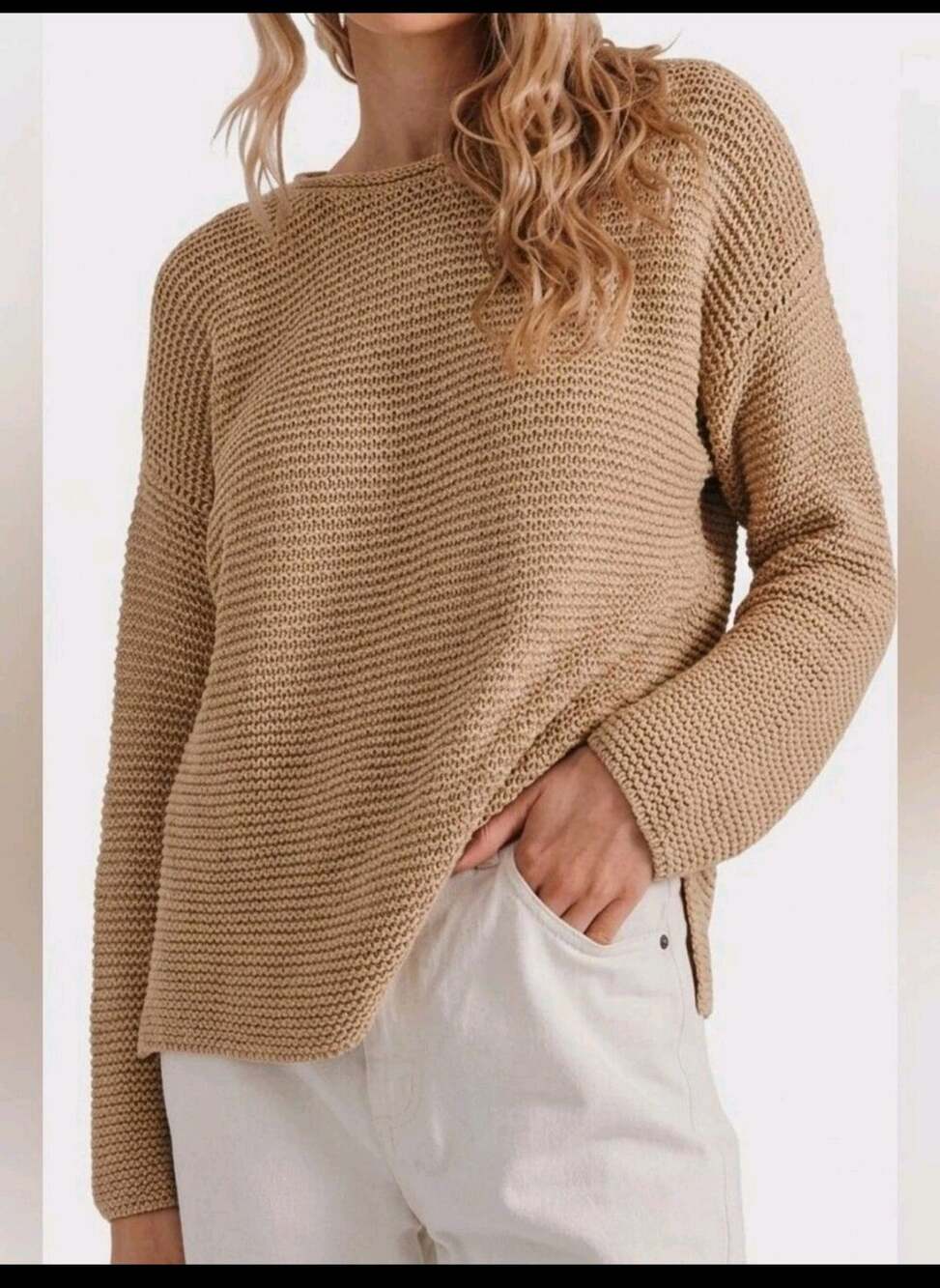 Shxt That I Knit STIK Scotia Boat Neck Pima Cotton Tan Sweater Large Peru Chunky